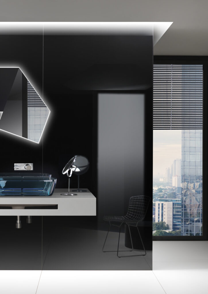 Salle de bain avec lavabo, carreaux en grès cérame uni noir et blanc