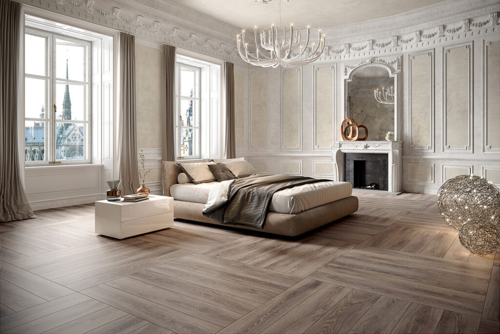 Chambre à coucher avec revêtement de sol en grès cérame imitation bois