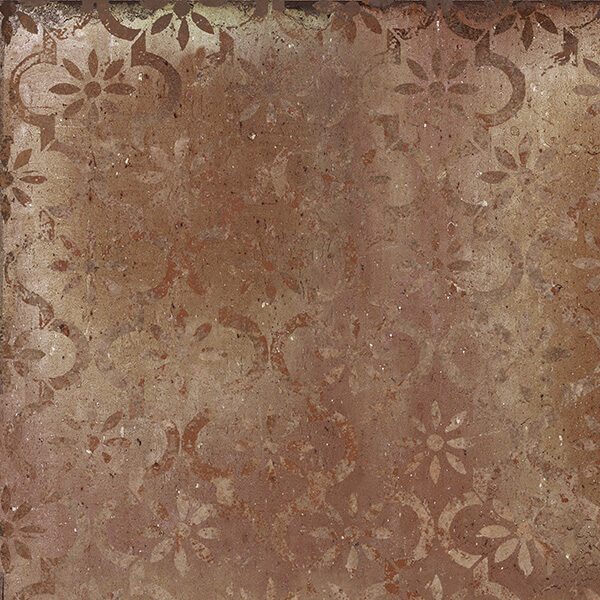 Carreaux en grès cérame effet terre cuite pour sols et murs intérieurs et extérieurs, collection Ilcottotagina, ton rouge avec décoration.