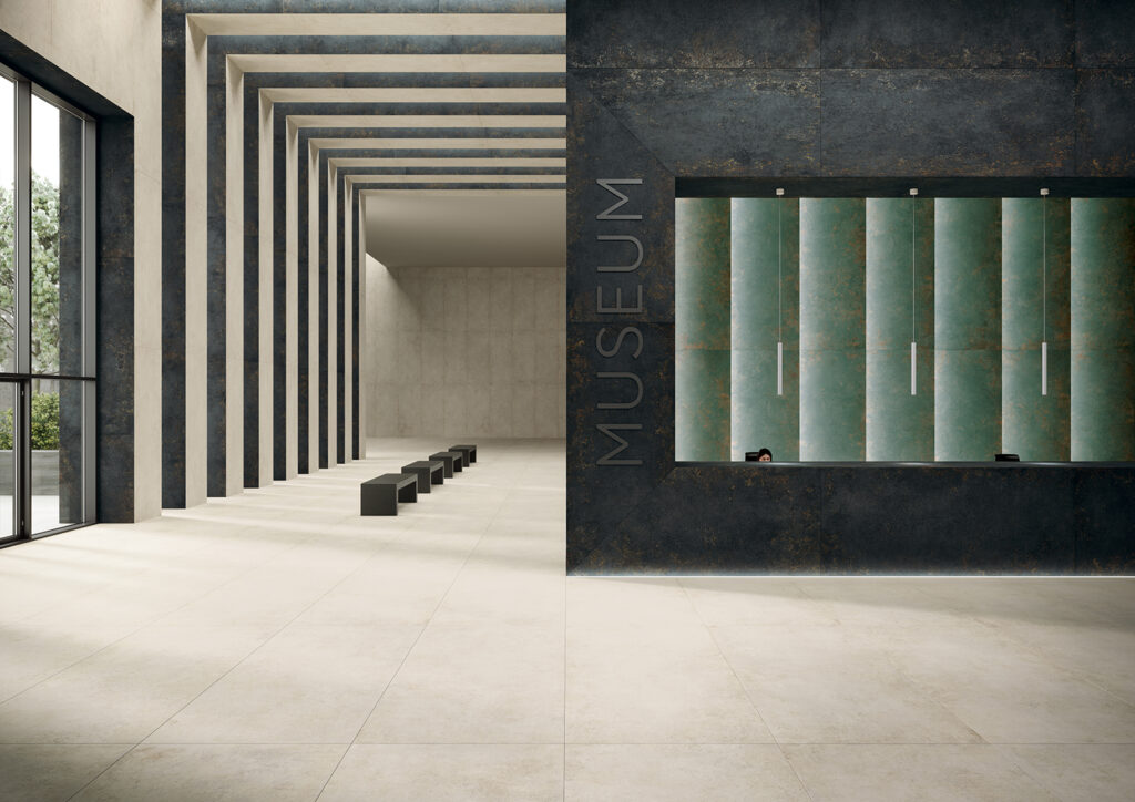 Piastrelle per pavimenti in gres porcellanato moderno effetto metallo. Piastrella ceramica formato grande 120x280 per progetti indoor e outdoor. Linea Concrete&design