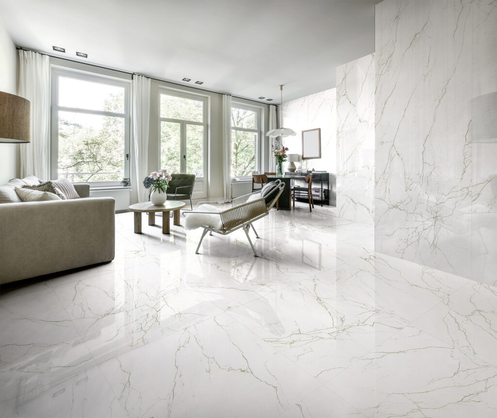 Piastrelle per pavimenti e rivestimenti in gres porcellanato effetto marmo. Una ceramica formato grande lastra 160x320 per progetti indoor.