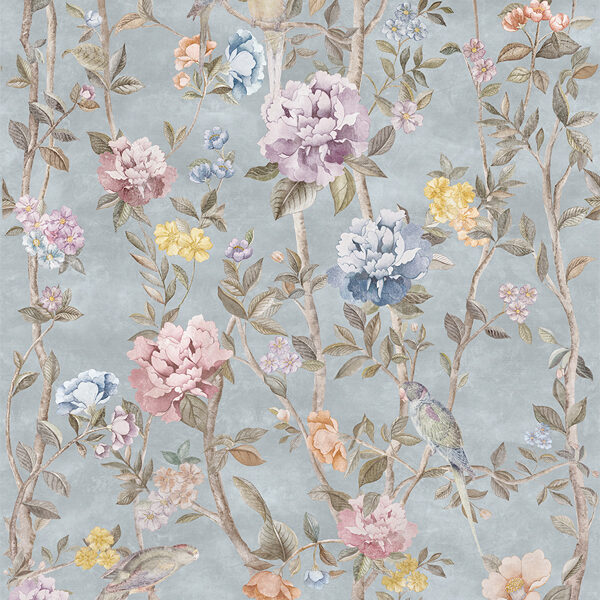 decoro floreale in gres porcellanato colore azzurro fiori multicolor e uccellini