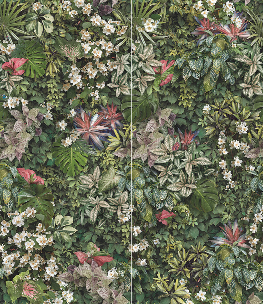 Piastrella in gres porcellanato da rivestimento con decoro insetti e flora forestale