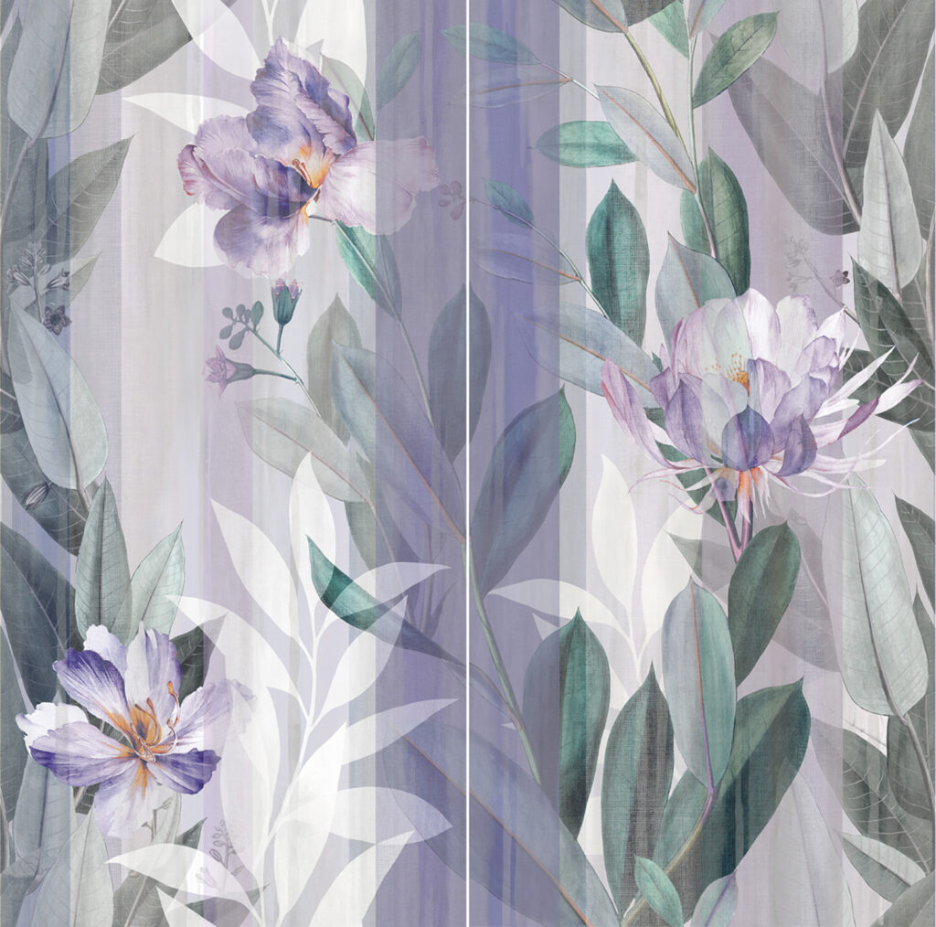 piastrella in gres da rivestimento con decoro floreale viola come l’Epifillo