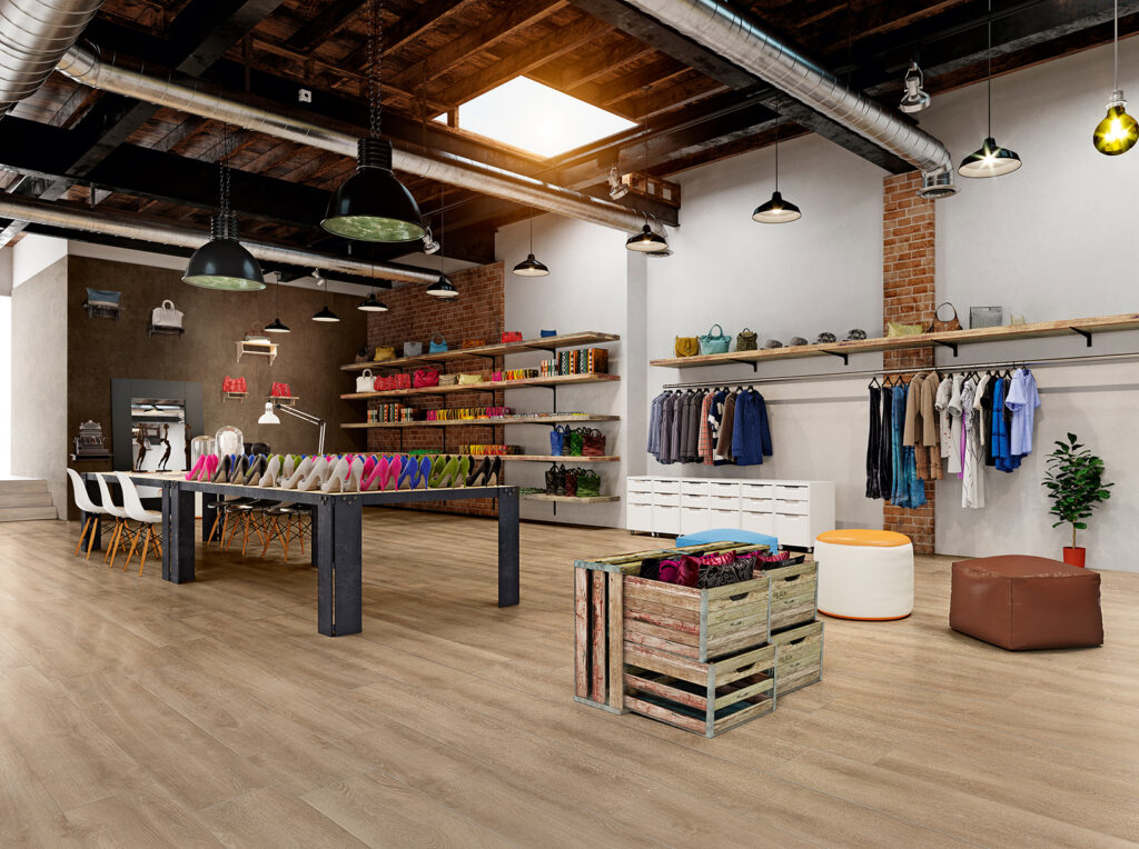 Magasin de vêtements et de chaussures, objets de décoration et sol en grès cérame