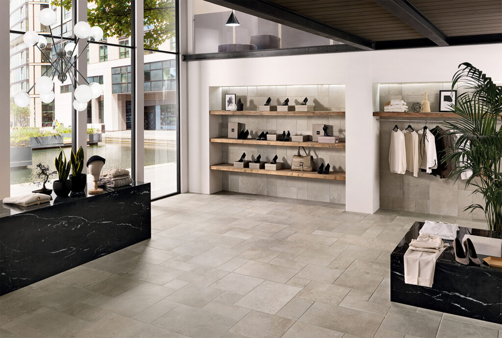 Magasin pour la pose modulaire de carreaux en grès cérame effet pierre