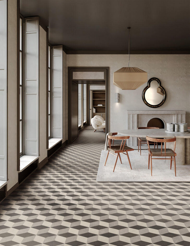 Séjour avec table en marbre, sol avec carreaux hexagonaux effet 3D