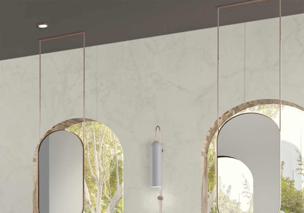 Close-up of a white marble-effect porcelain slab.