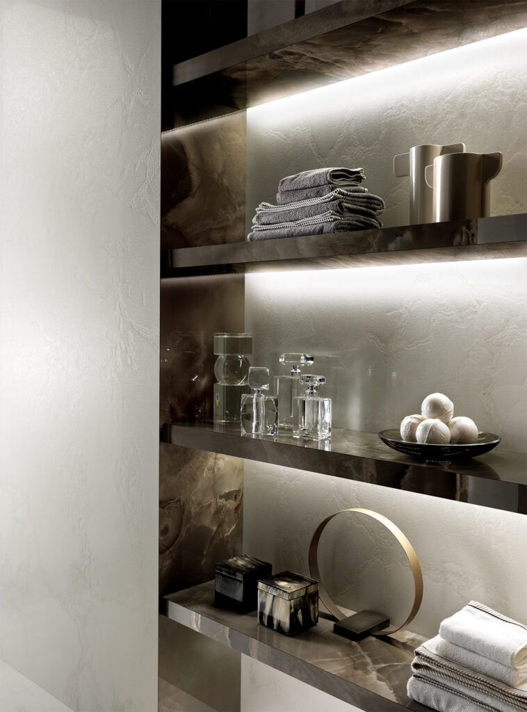 etails for shelving in marble-effect and onyx-effect porcelain stoneware