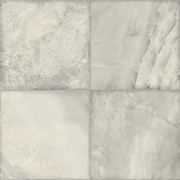 Piastrella bagno in gres porcellanato effetto marmo grigio con venature grigie chiaro e scuro, formato quadrato 60x60 con grande varietà di grafiche