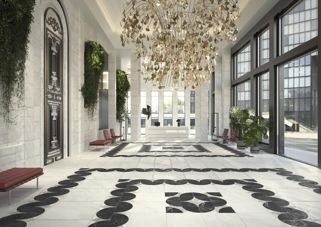 Pavimento in gres porcellanato effetto marmo per pavimentazione e rivestimento di spazi commerciali e residenziali, bianco con intarsi neri