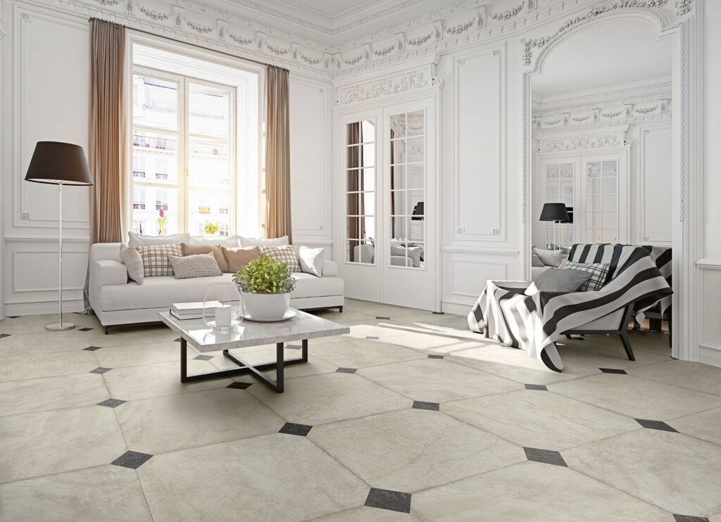 Pavimento in gres porcellanato effetto marmo beige con forma ottagonale intervallato con quadrati 15x15 neri