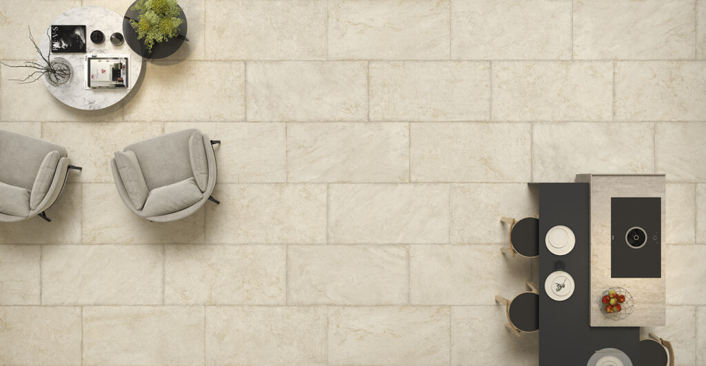 Piastrelle in gres porcellanato per pavimenti e rivestimenti con fondo beige per un effetto pietra marmorizzato