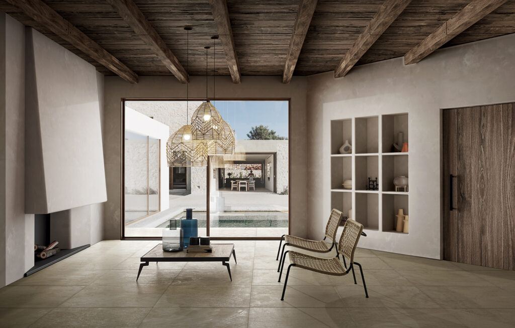 Piastrelle in gres porcellanato per pavimenti e rivestimenti con fondo beige per un effetto pietra marmorizzato