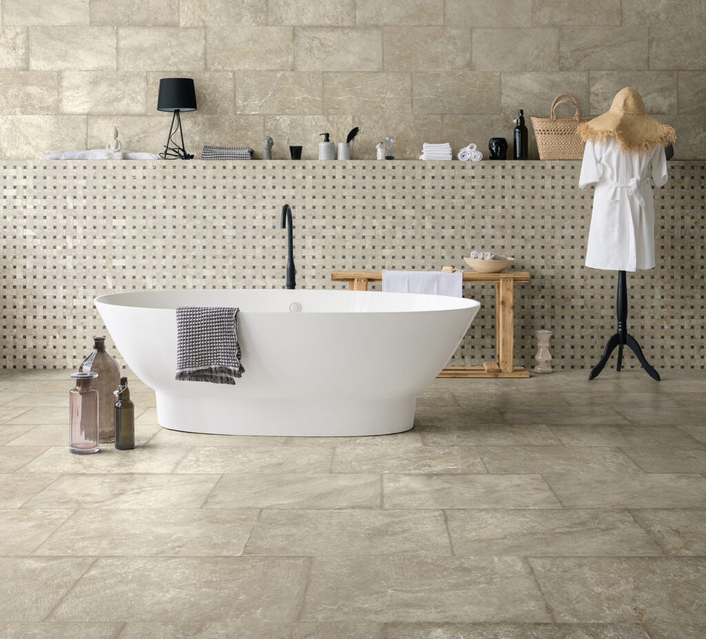 Piastrelle in gres porcellanato per pavimenti e rivestimenti dal fondo che unisce un mix di colori dal giallo al tortora