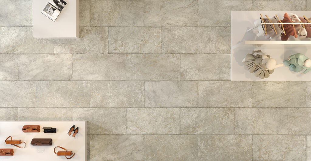 Piastrelle in gres porcellanato per pavimenti e rivestimenti dal fondo che unisce un mix di colori dal giallo al tortora, con grande varietà di grafiche