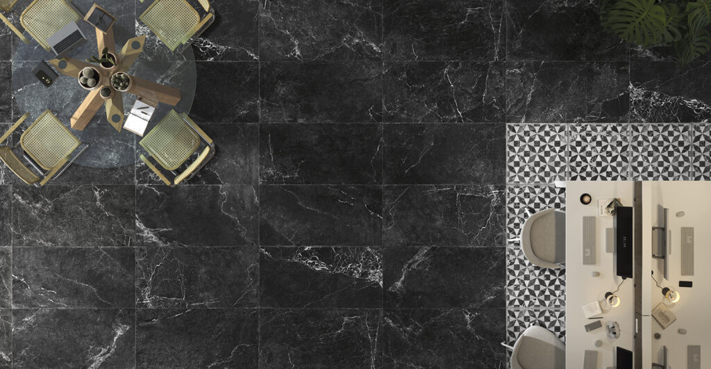 Piastrelle in gres porcellanato effetto marmo nero corvino per pavimenti e rivestimenti e decoro con forme geometriche Danum