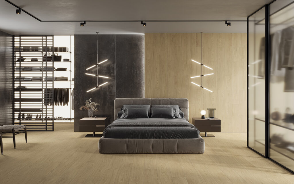 piastrella in gres porcellanato effetto legno di quercia, dal colore chiaro paglia.