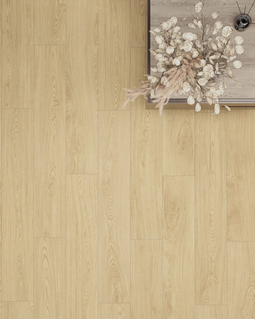 piastrella in gres porcellanato effetto legno di quercia, dal colore chiaro paglierino.