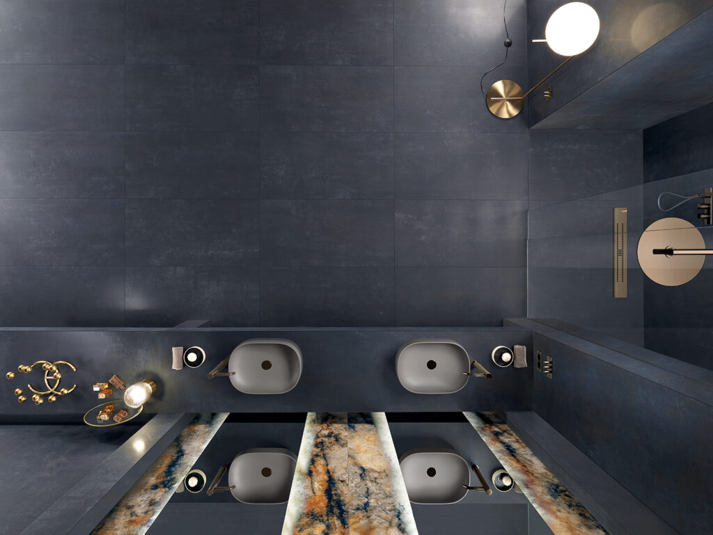 vista dall'alto del bagno per struttura piastrella in gres blu