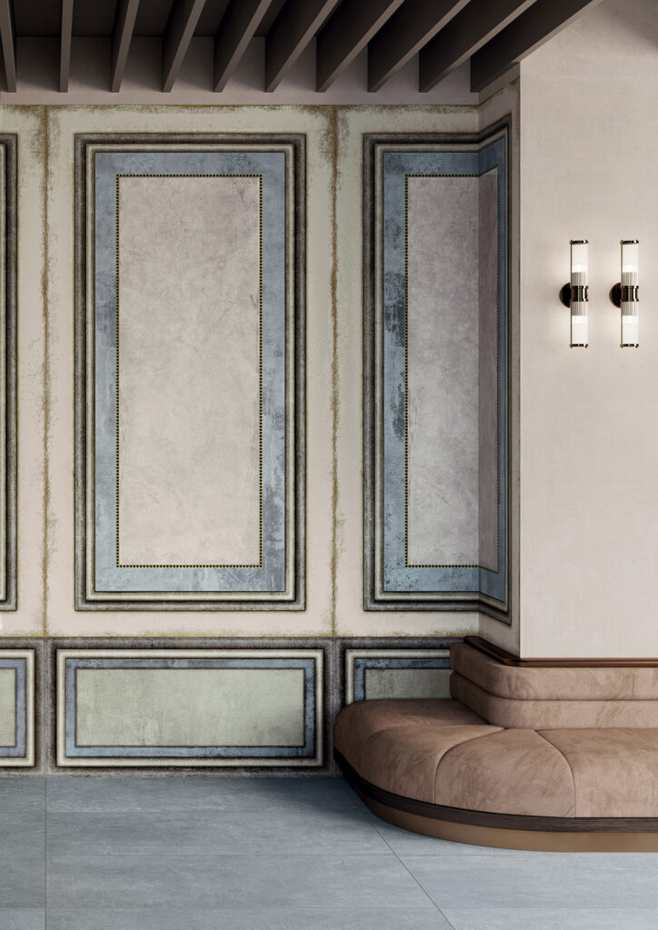 divanetto marrone, pavimento e rivestimento decorato in gres effetto cemento