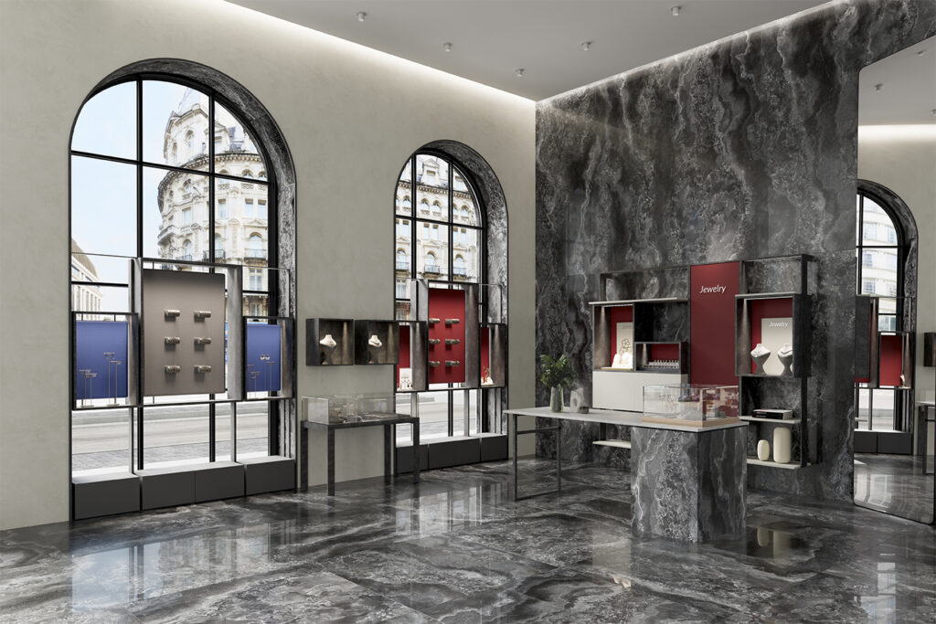 negozio di gioielli rivestito con piastrelle in gres effetto onice nero