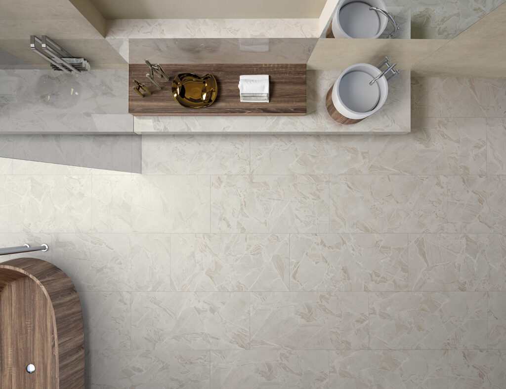 Top view of bathroom with light marble-effect porcelain floor with crystals and wooden accessories