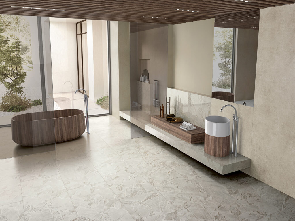 Bathroom with wooden furnishings, light marble-effect porcelain floor and beige cement-style wall