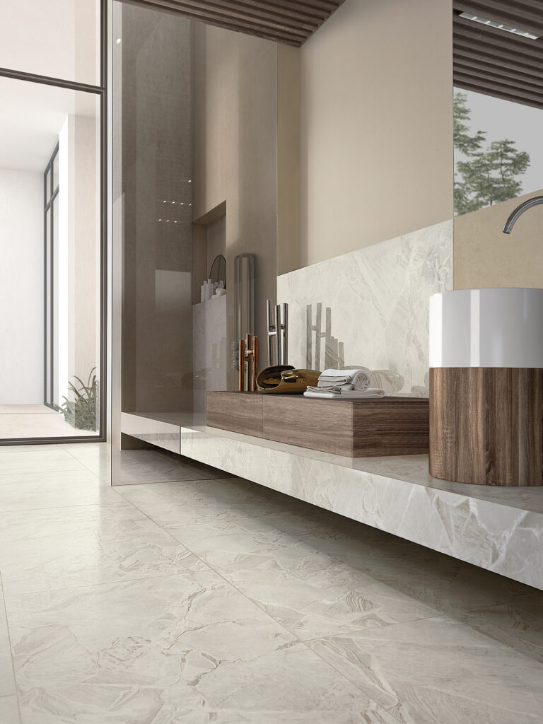 Close-up of washbasin support in light marble-effect porcelain with crystals