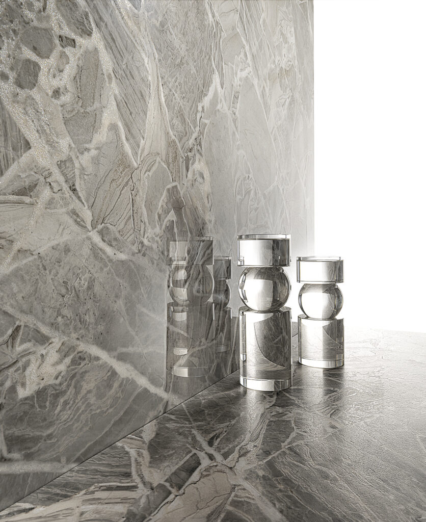 Porcelain stoneware floors and walls with grey marble effect, veining with crystals, glossy or soft finish