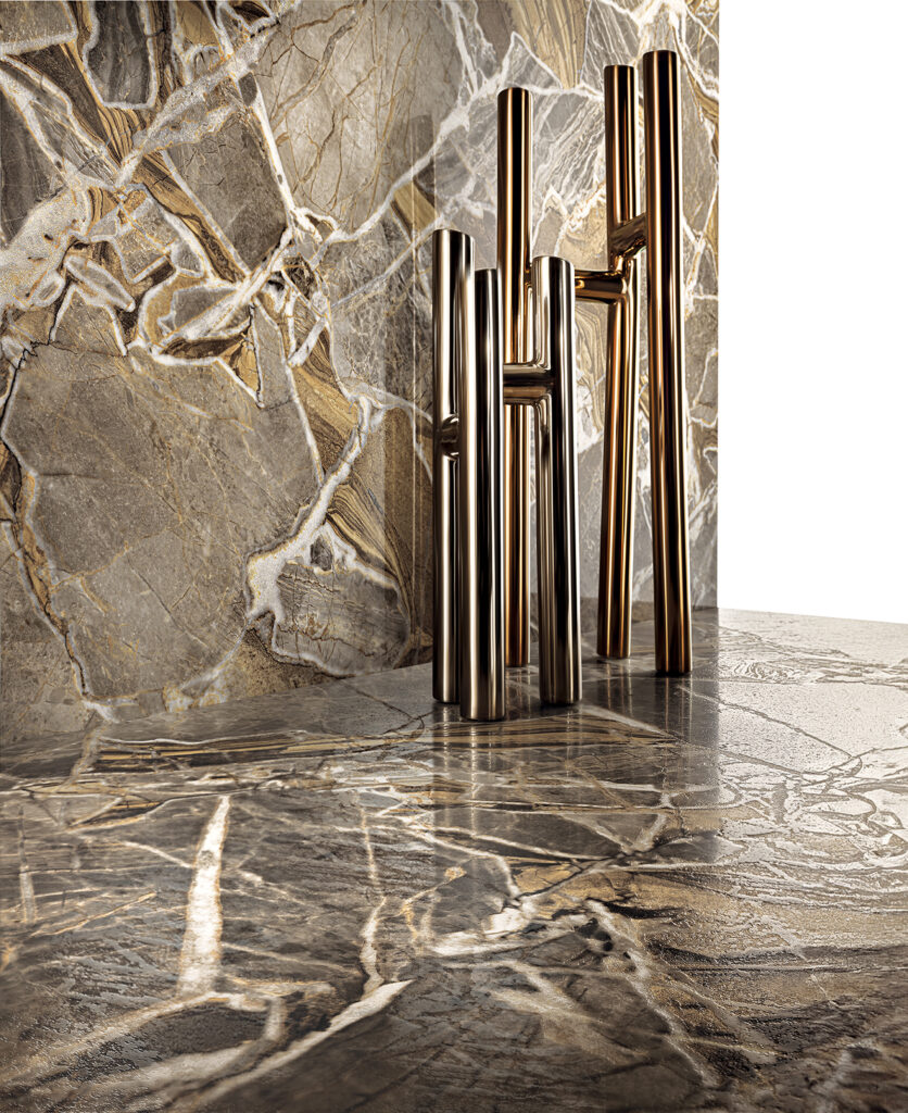 Porcelain stoneware floors and walls with light marble effect, veining with crystals, glossy or soft finish