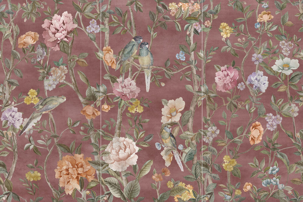 Porcelain stoneware wall tile with floral and bird decoration in pink.