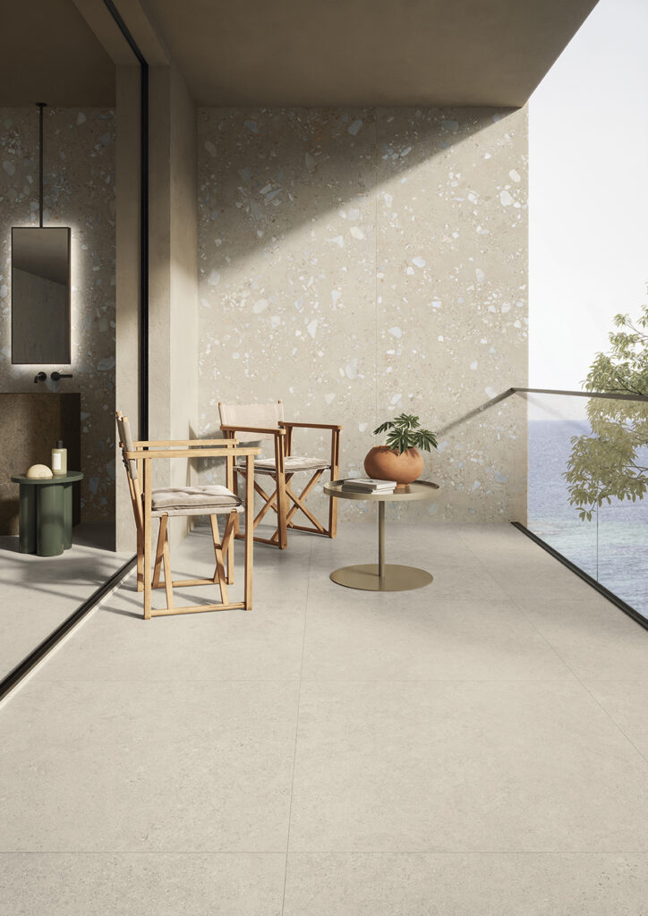 balcone con vista rivestito in gres porcellanato effetto pietra beige