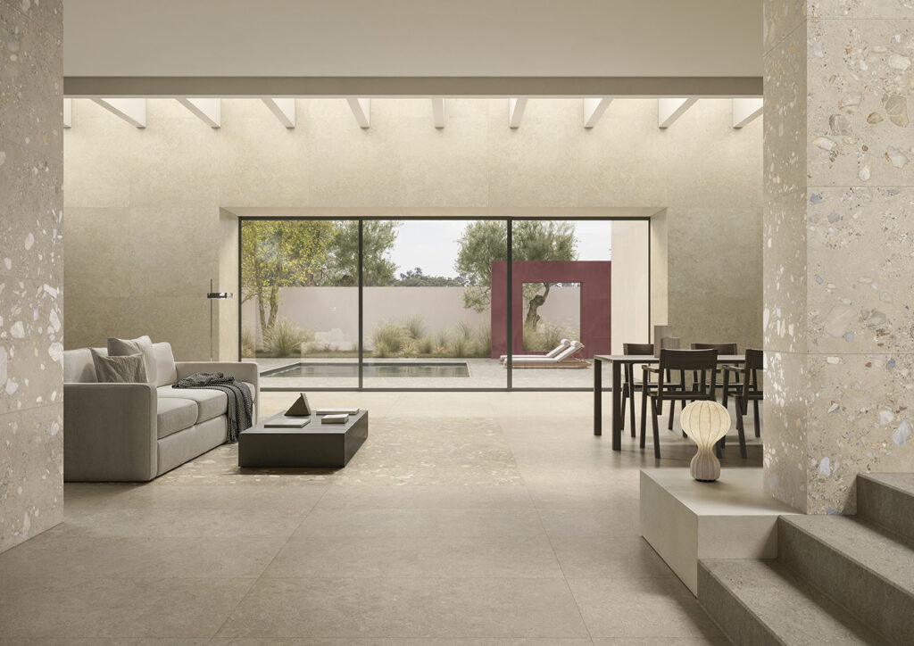 living rivestito in gres porcellanato effetto pietra
