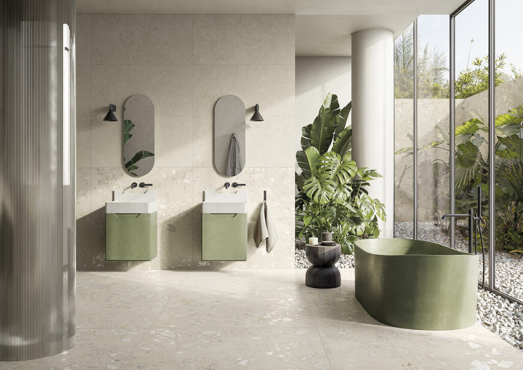 bagno rivestito in gres grigio effetto pietra e sanitari verdi