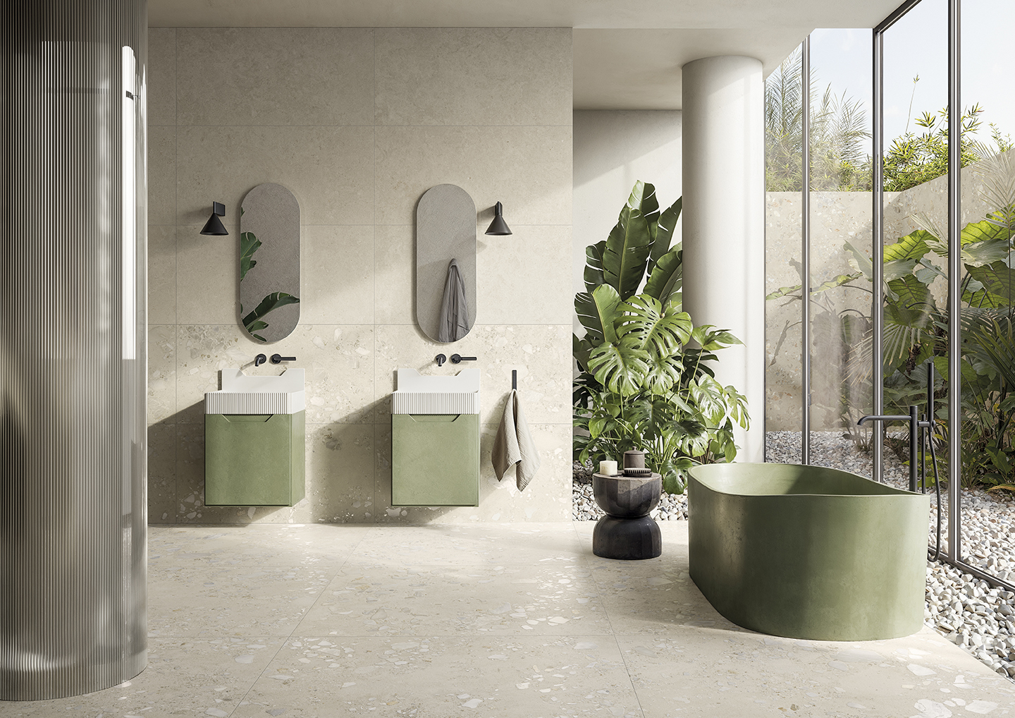 bagno rivestito in gres grigio effetto pietra e sanitari verdi