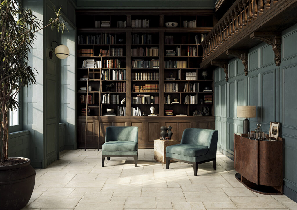 studio con libreria privata e pavimento effetto marmo multiformato piccolo e grande